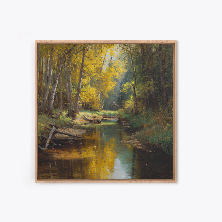 Golden Forest Creek Wall Art, Autumn Landscape Canvas Print, Rustic Nature Painting For Cozy Living Room Decor