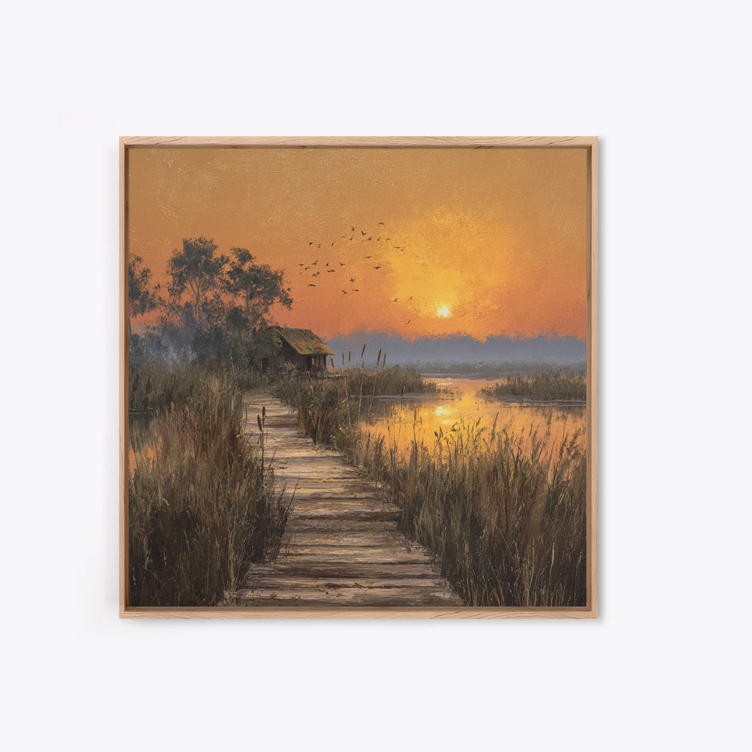 Peaceful Sunset Over Lakeside Cabin And Boardwalk Nature Landscape Wall Art Framed Canvas Print For Living Room