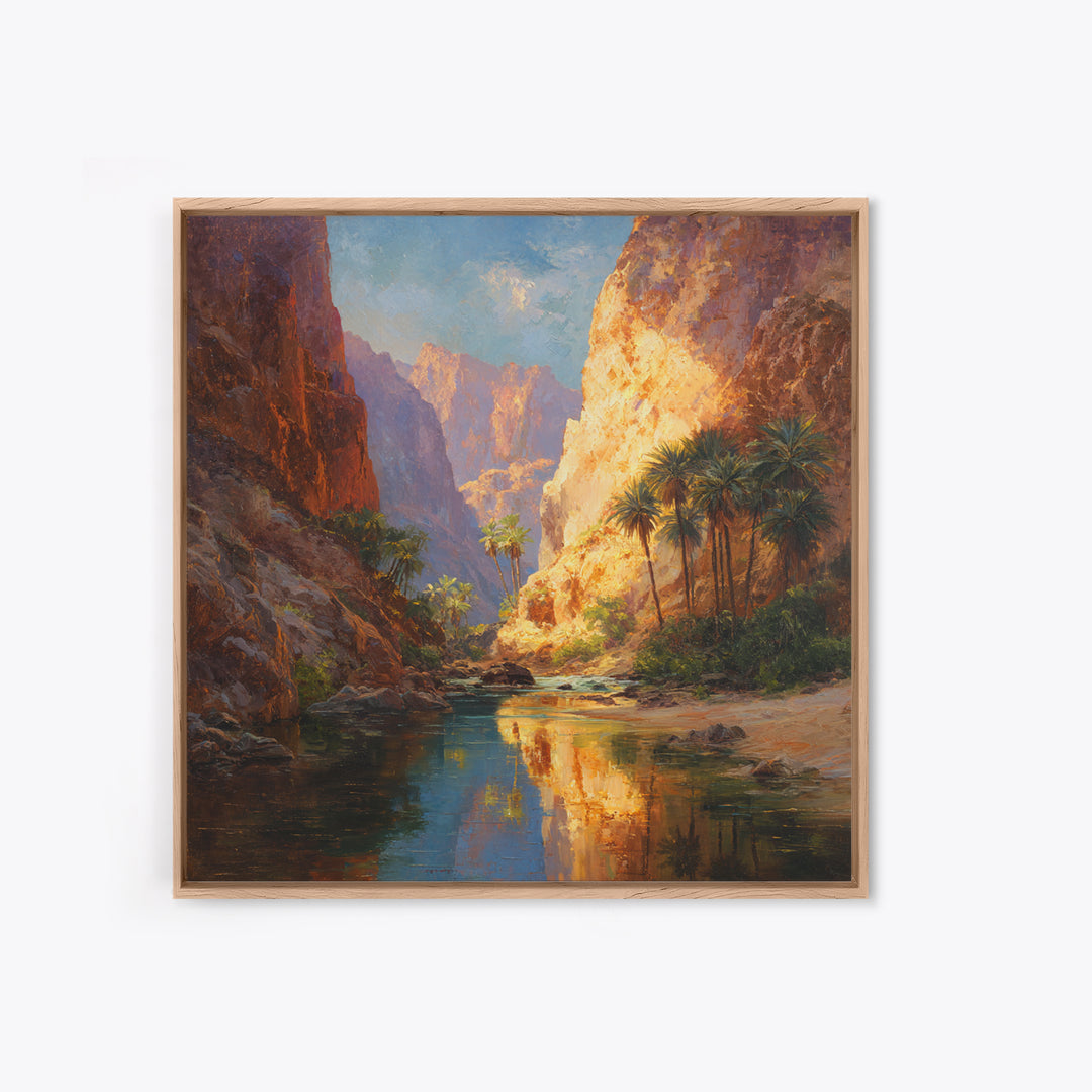 Sunlit Desert Canyon Oasis Landscape Wall Art Canvas Print, Modern Southwestern Nature Painting For Living Room Home Decor