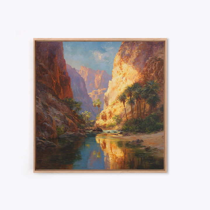Sunlit Desert Canyon Oasis Landscape Wall Art Canvas Print, Modern Southwestern Nature Painting For Living Room Home Decor