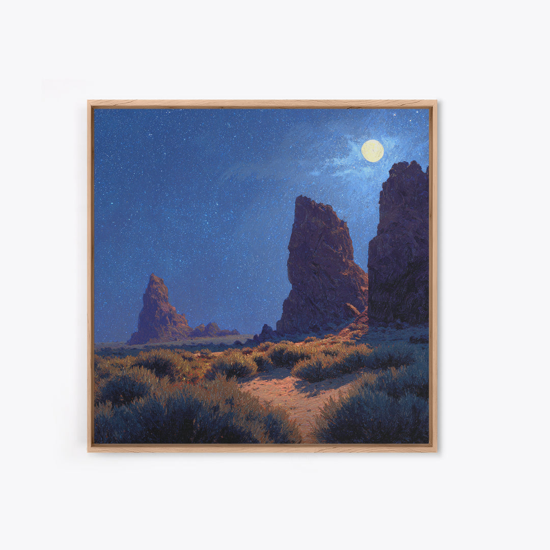 Moonlit Desert Rocks Wall Art, Night Sky Landscape Painting, Southwestern Stars Print, Calming Rustic Home Decor Canvas Print