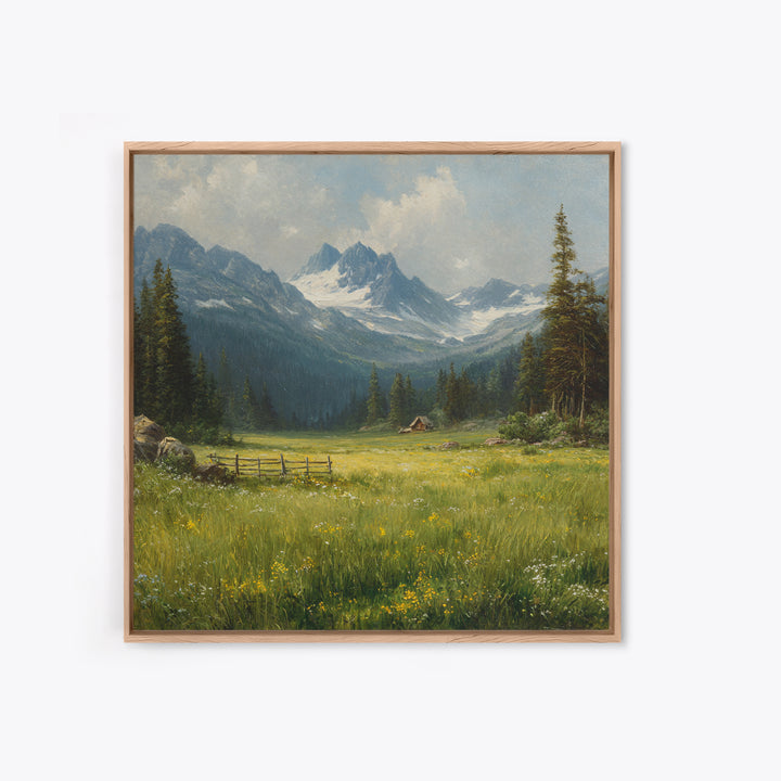 Alpine Meadow Cabin Landscape Wall Art, Mountain Valley Oil Painting Print, Rustic Country Home Decor Living Room Wall Art