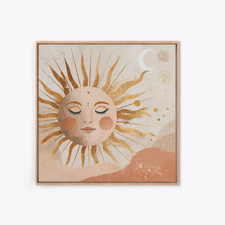 Boho Sun And Moon Wall Art, Celestial Gold Face Print, Whimsical Nursery Decor, Spiritual Bedroom Canvas Gift For Her Home Decor