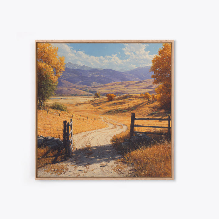Golden Country Road Autumn Landscape Wall Art, Rustic Farmhouse Canvas Print For Cozy Living Room Decor