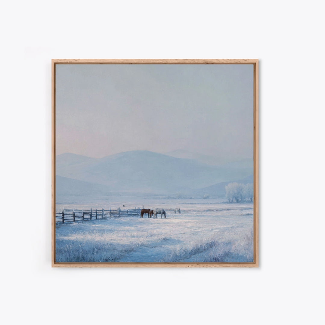 Idyllic Winter Landscape With Horses And Mountains Peaceful Snow Scene Wall Art Framed Canvas Print For Cozy Home Decor