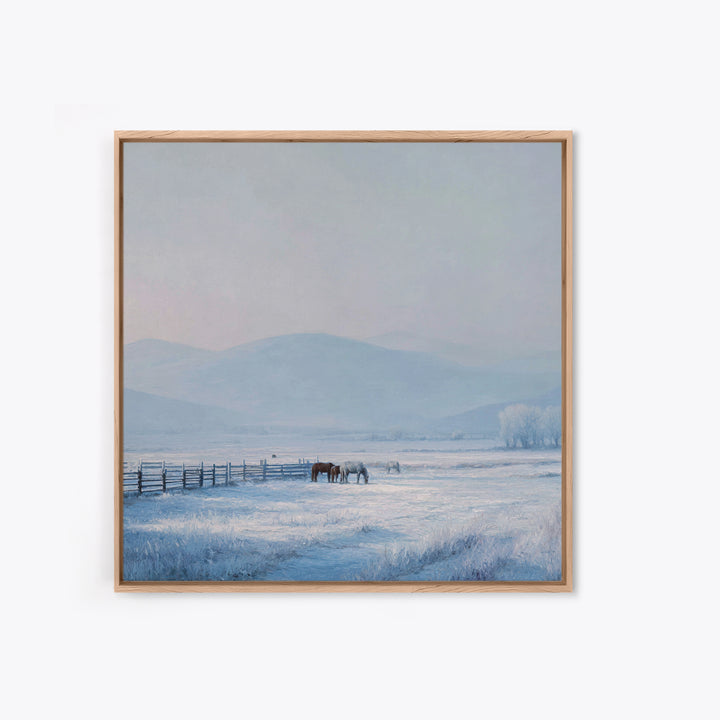 Idyllic Winter Landscape With Horses And Mountains Peaceful Snow Scene Wall Art Framed Canvas Print For Cozy Home Decor