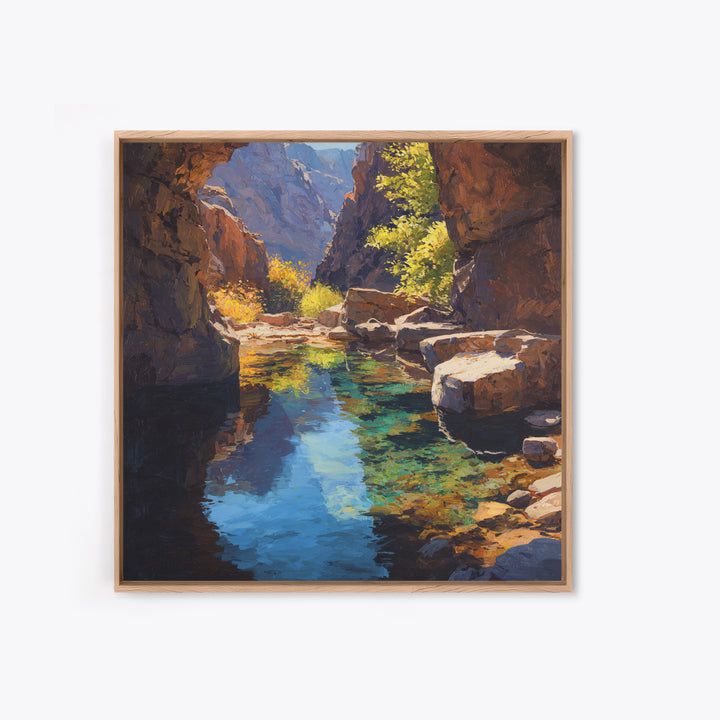 Sunlit Canyon Creek Landscape Oil Painting Wall Art, Nature Mountain Stream Canvas Print, Rustic Cabin Decor Modern Landscape