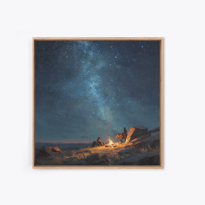 Cowboys By Campfire Under Milky Way Night Sky Wall Art Print, Western Landscape Painting, Rustic Country Home Decor Art