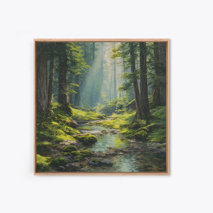 Sunlit Forest Creek Landscape Wall Art Nature Painting Canvas Print Rustic Home Decor Cabin Living Room Wall Art