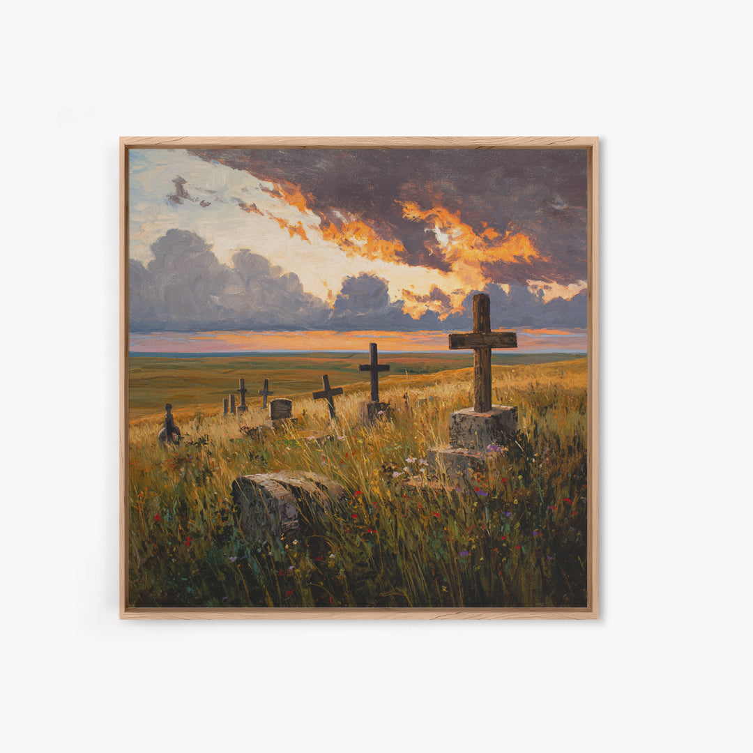 Moody Sunset Graveyard Landscape Wall Art, Dramatic Sky Rustic Canvas Print, Gothic Dark Academia Decor For Living Room