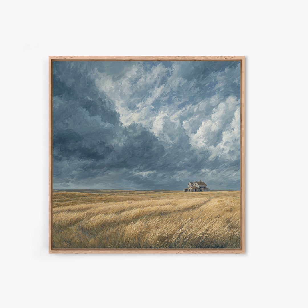 Moody Prairie House Stormy Sky Landscape Wall Art, Large Horizontal Canvas Print, Rustic Farmhouse Decor Living Room Art