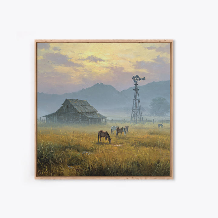 Rustic Barn And Horses Landscape Wall Art Canvas Print, Western Country Decor, Farmhouse Wall Art, Large Living Room Art