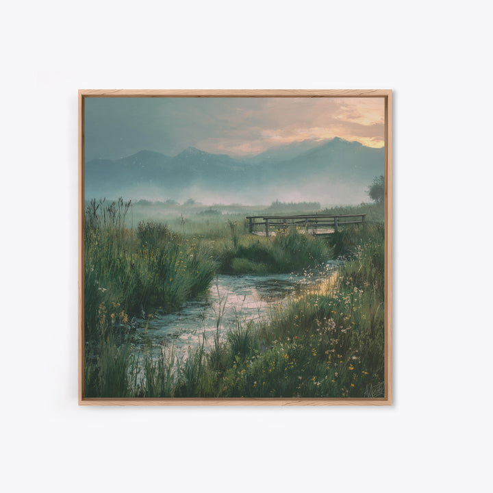 Tranquil Meadow Stream With Wooden Bridge And Mountains Landscape Wall Art Framed Canvas Print For Bedroom Decor
