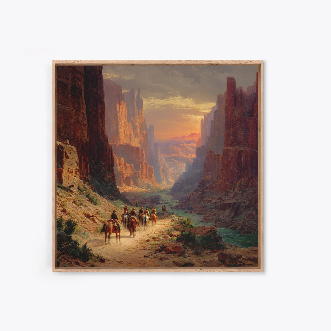 Cowboys Riding Through Canyon At Sunset Wall Art, Western Landscape Painting Print, Rustic Southwest Decor Living Room Art