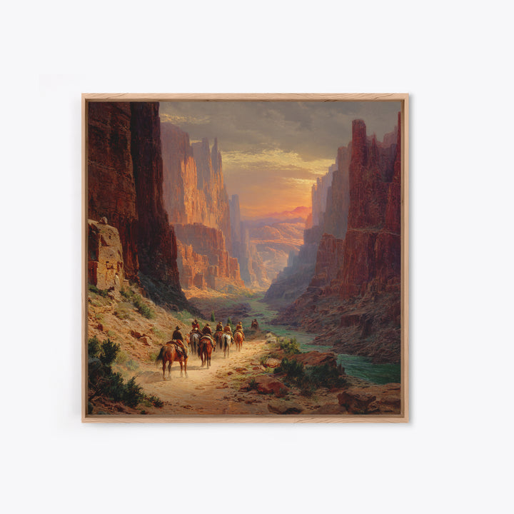 Cowboys Riding Through Canyon At Sunset Wall Art, Western Landscape Painting Print, Rustic Southwest Decor Living Room Art