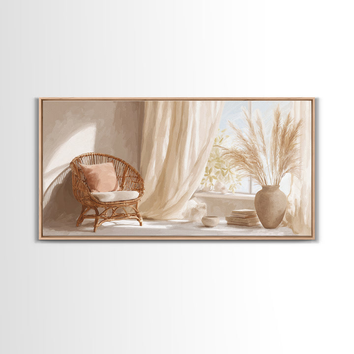 Sunlit Wicker Chair And Pampas Grass Framed Canvas Print, Neutral Boho Wall Decor, Cozy Bedroom Art For Modern Home Decor