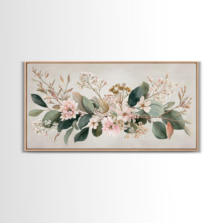 Soft Pink Floral Greenery Canvas Print, Eucalyptus Botanical Wall Decor, Neutral Living Room Art, Modern Farmhouse Decor