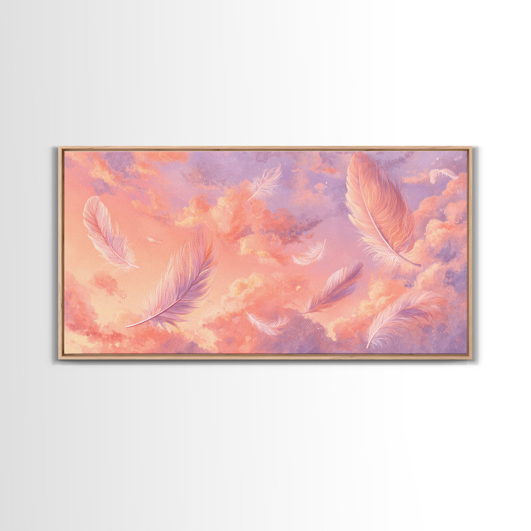 Pink Feather Sky Canvas Print, Dreamy Pastel Cloud Art, Celestial Nursery Decor, Whimsical Bedroom Wall Decor Gift For Her