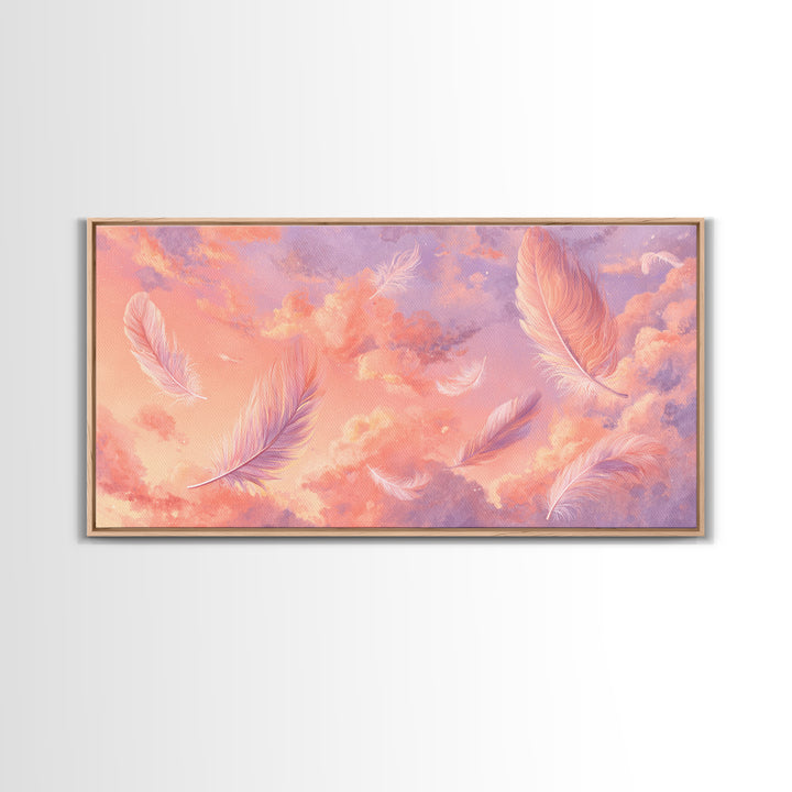 Pink Feather Sky Canvas Print, Dreamy Pastel Cloud Art, Celestial Nursery Decor, Whimsical Bedroom Wall Decor Gift For Her