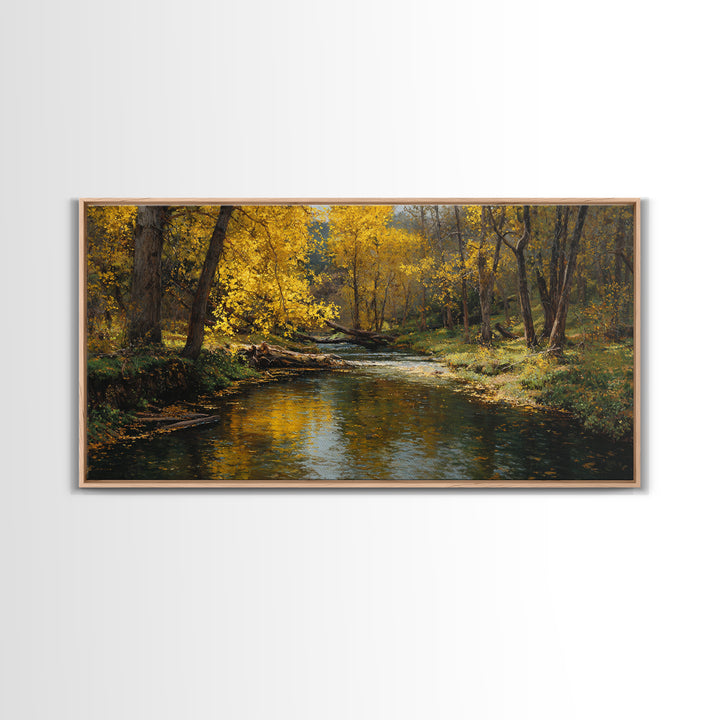 Peaceful Autumn Landscape River Scene Oil Painting Wall Art Canvas Print Rustic Home Decor Large Wall Art