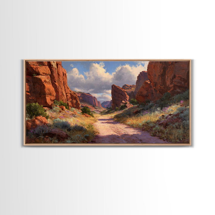 Sunlit Rocky Canyon Landscape With Wildflowers Scenic Wall Art Framed Canvas Print For Rustic Home Decor And Nature Lovers