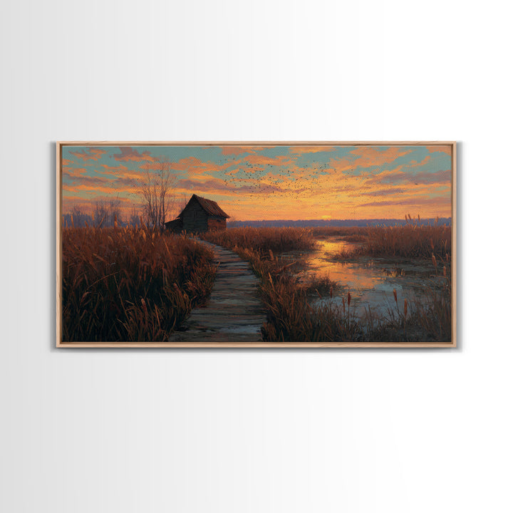 Rustic Autumn Wetland Landscape With Wooden Pathway Original Oil Painting Framed Canvas Print For Cozy Home Decor