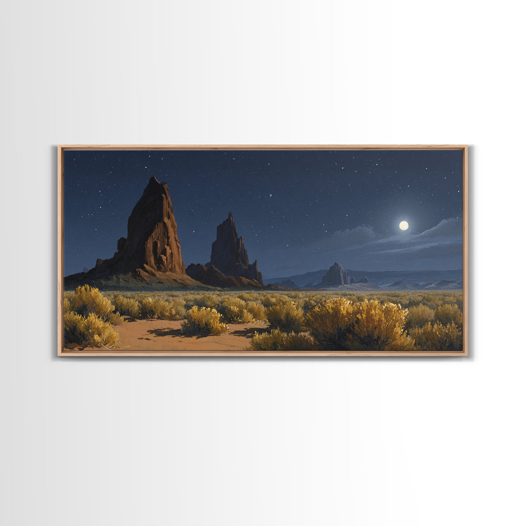 Moonlit Desert Landscape With Majestic Rock Formations And Starry Sky Original Oil Painting Wall Art Canvas Print