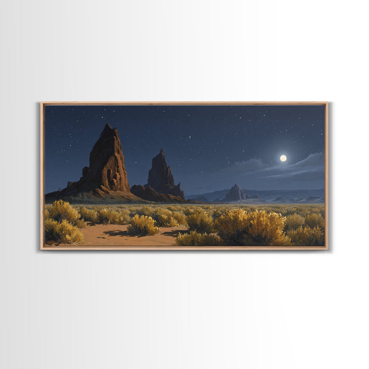 Moonlit Desert Landscape With Majestic Rock Formations And Starry Sky Original Oil Painting Wall Art Canvas Print