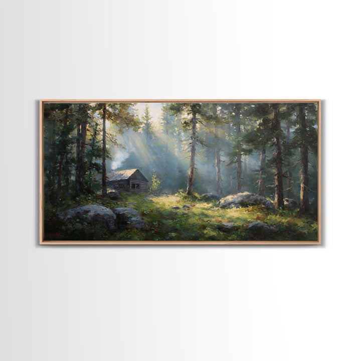 Beautiful Forest Cabin With Sunlight Streaming Through Trees Oil Painting Canvas Print Wall Art