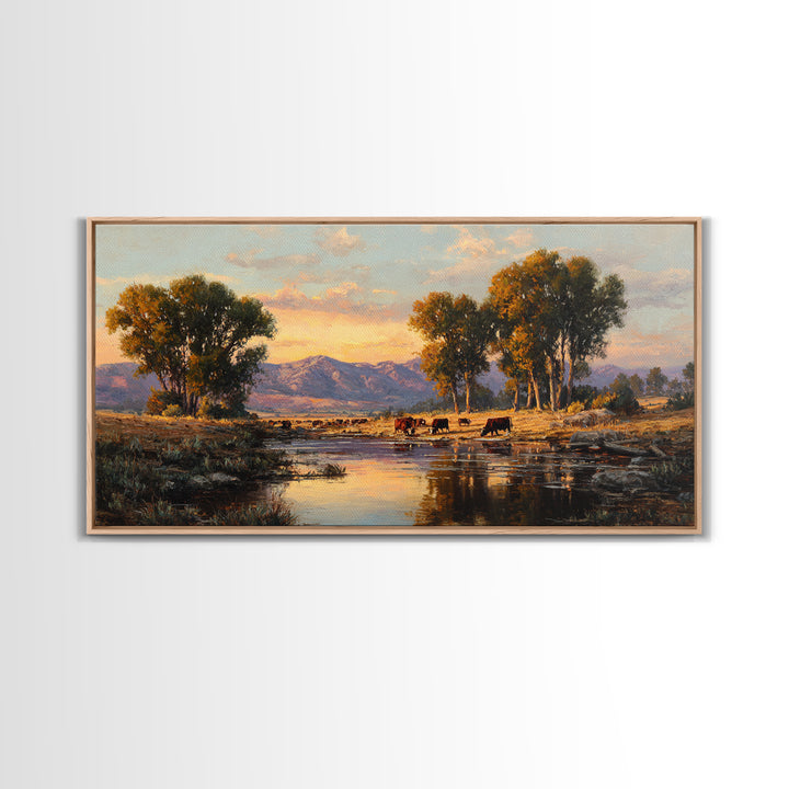 Warm Sunset Over Mountains Large Landscape Wall Art Framed Canvas Print Rustic Nature Home Decor