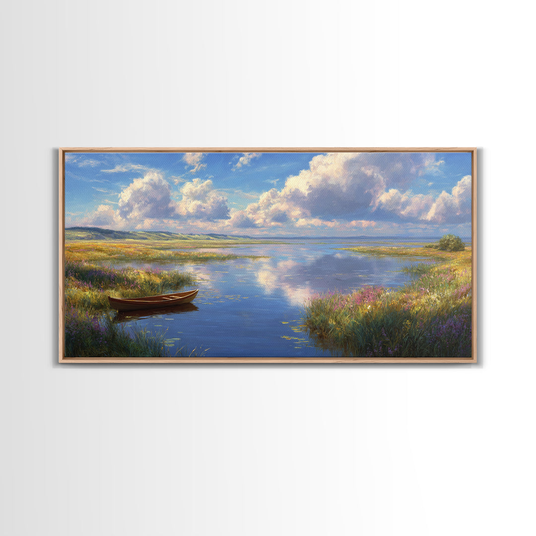Tranquil Lake Landscape With A Wooden Rowboat in Soft Light Wall Art Framed Canvas Print for Living Room Decor and Home