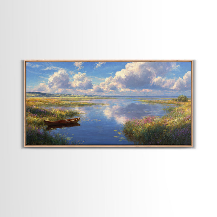 Tranquil Lake Landscape With A Wooden Rowboat in Soft Light Wall Art Framed Canvas Print for Living Room Decor and Home