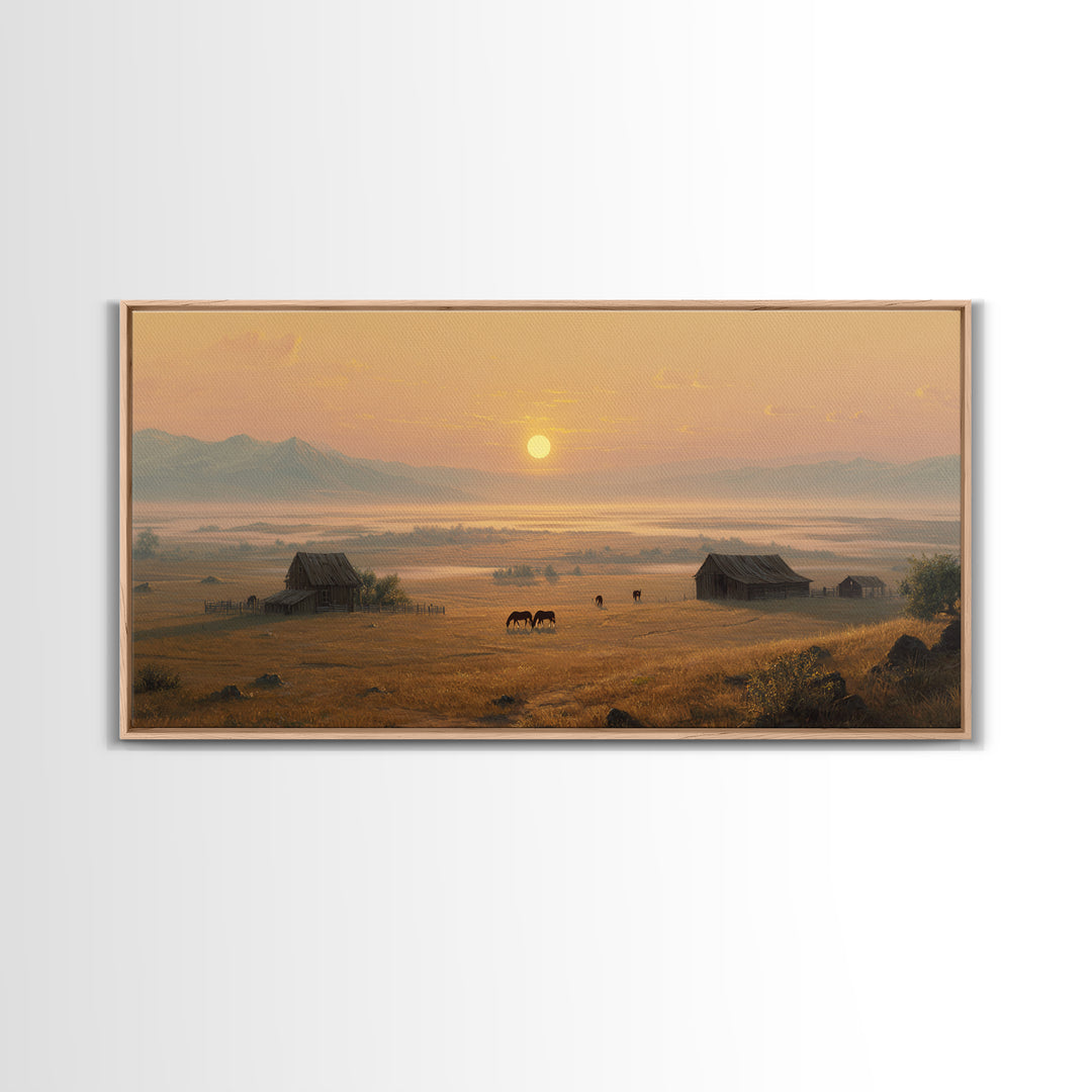 Golden Hour Peaceful Ranch Landscape With Horses Wall Art Framed Canvas Print Rustic Western Decor Original Landscape Home Decor