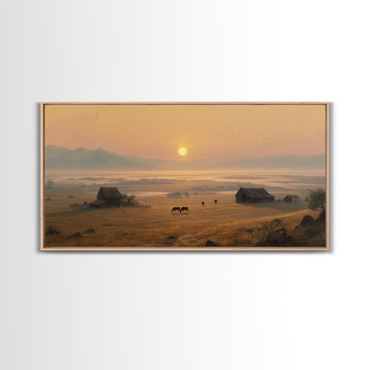Golden Hour Peaceful Ranch Landscape With Horses Wall Art Framed Canvas Print Rustic Western Decor Original Landscape Home Decor
