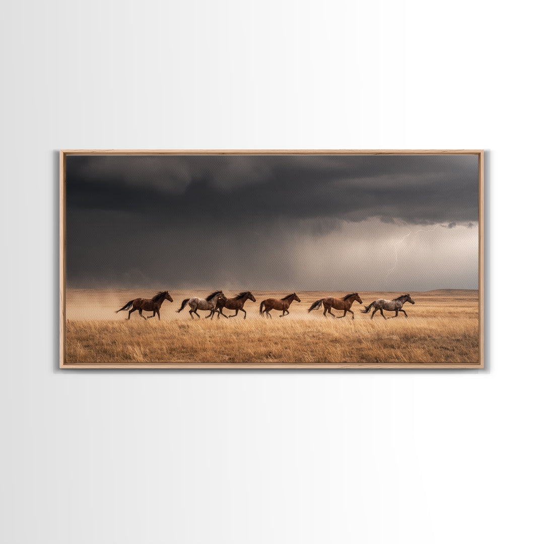 Majestic Wild Horses Running In Field Large Landscape Wall Art Framed Canvas Print Western Farmhouse Decor