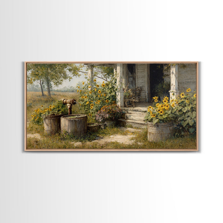 Charming Rustic Farmhouse Sunflower And Well Painting Warm Country Wall Art For Cozy Home Kitchen Decor Canvas Print