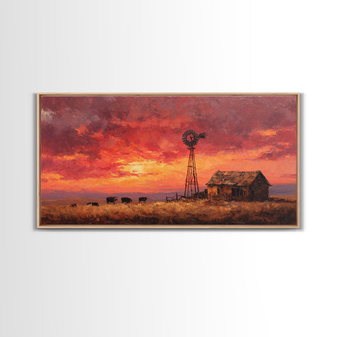 Rustic Western Landscape With Windmill And Cows At Glowing Sunset Framed Canvas Print For Farmhouse Decor