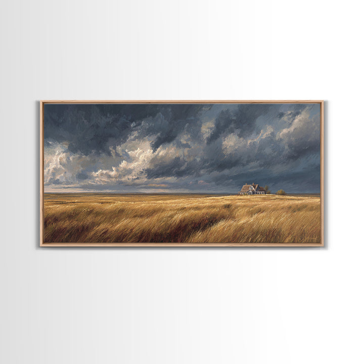 Golden Wheat Field With Rustic House Under Dramatic Sky Landscape Painting Canvas Print For Living Room Decor