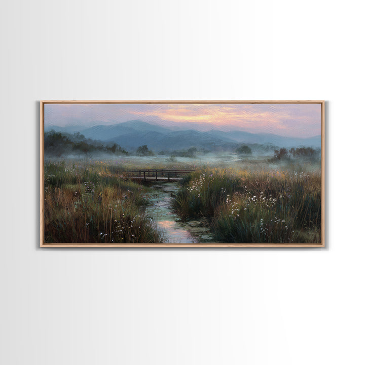 Tranquil Early Morning Meadow Landscape Oil Painting With Bridge Nature Wall Art For Rustic Home Decor Canvas Print