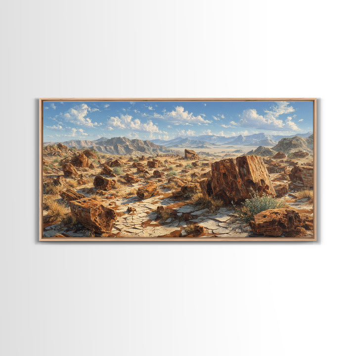 Desert Landscape With Sunbaked Rocks And Mountains Canvas Print Rustic Wall Art Home Decor Modern Southwestern Painting