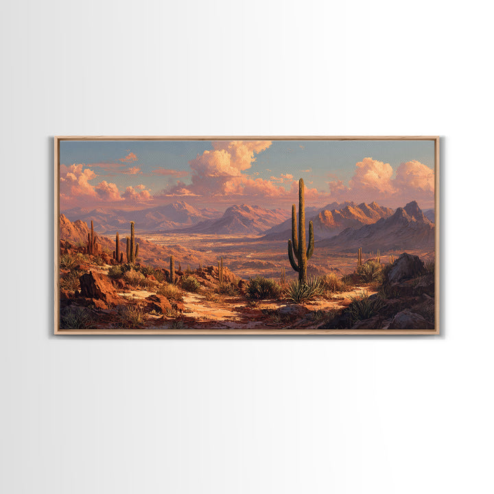 Southwestern Desert Landscape With Saguaro Cacti And Mountains Scenic Wall Art Framed Canvas Print Rustic Home Decor