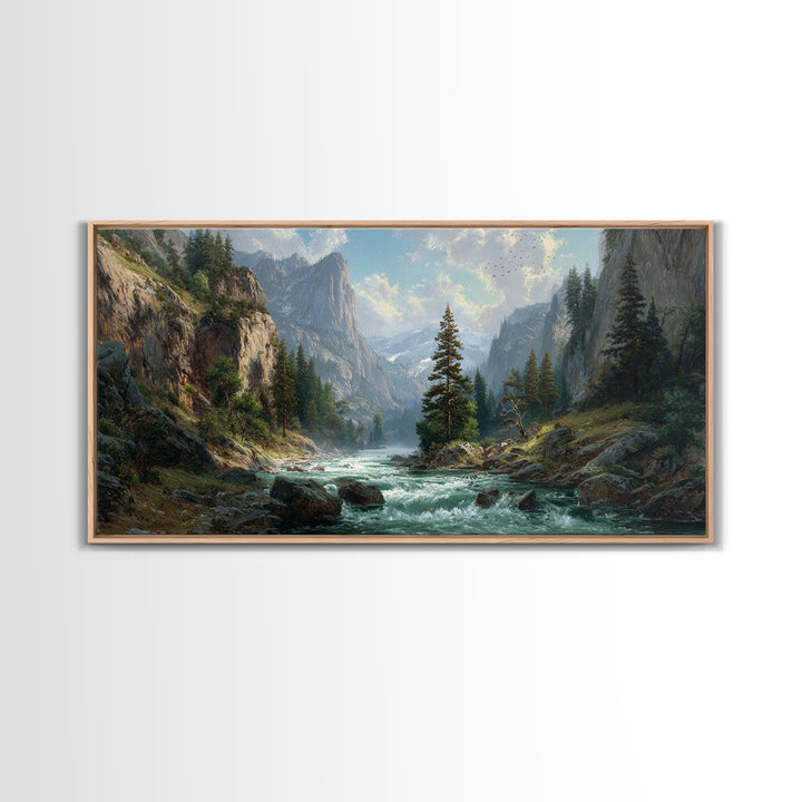 Majestic Mountain River Landscape Painting Large Wall Art Framed Canvas Print Rustic Home Decor Wall Hanging For Living Room Office