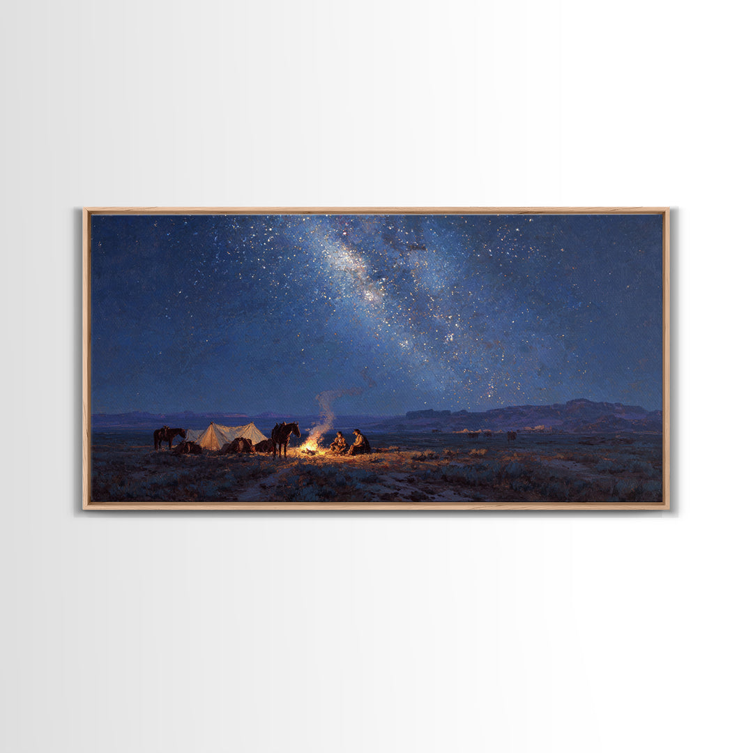Western Night Landscape Painting With Campfire And Horses Under Starry Sky Wall Art