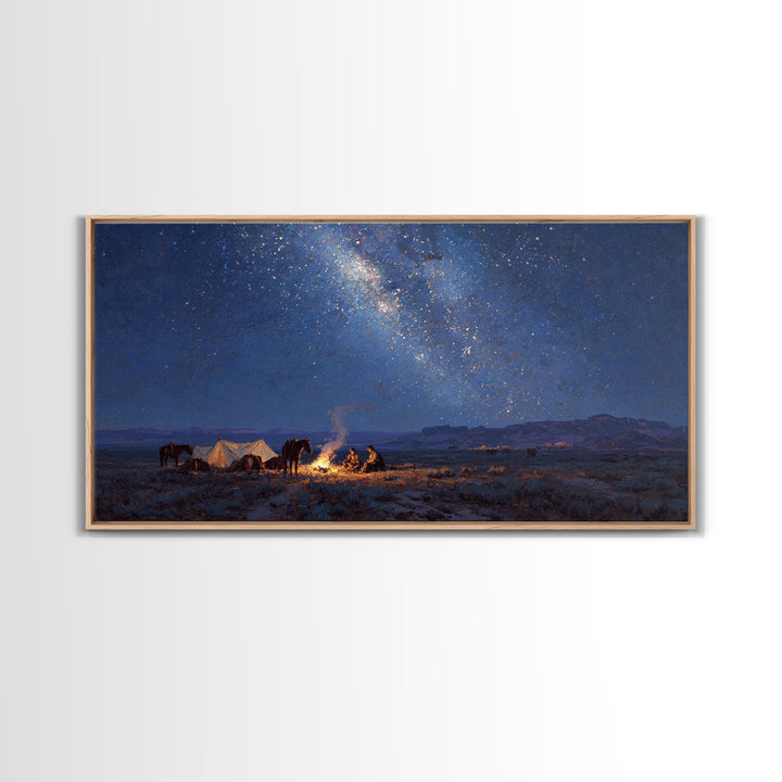 Western Night Landscape Painting With Campfire And Horses Under Starry Sky Wall Art