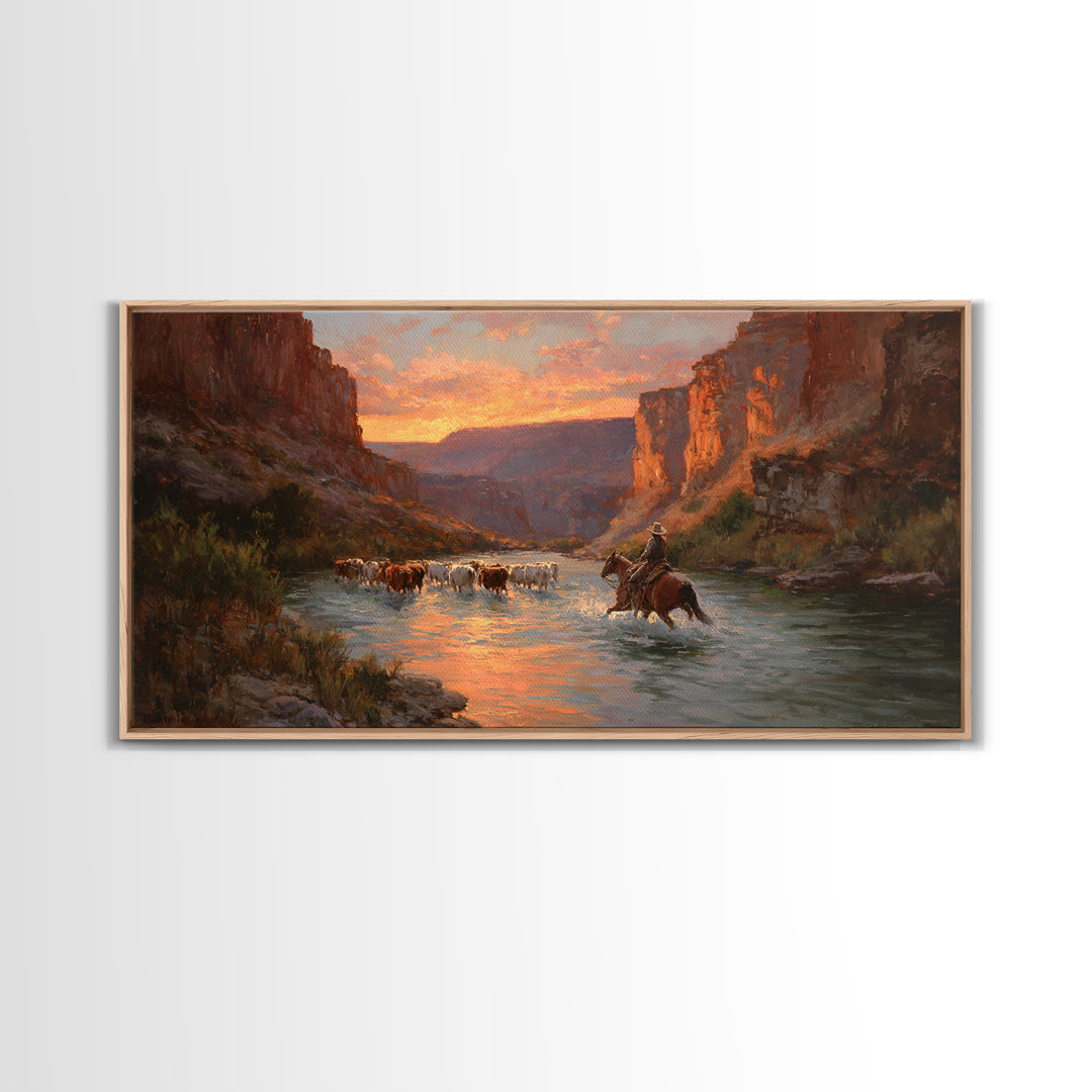 Peaceful Cowboy Herding Cattle At Sunset In Expansive Western Landscape Oil Painting Large Wall Art For Rustic Decor