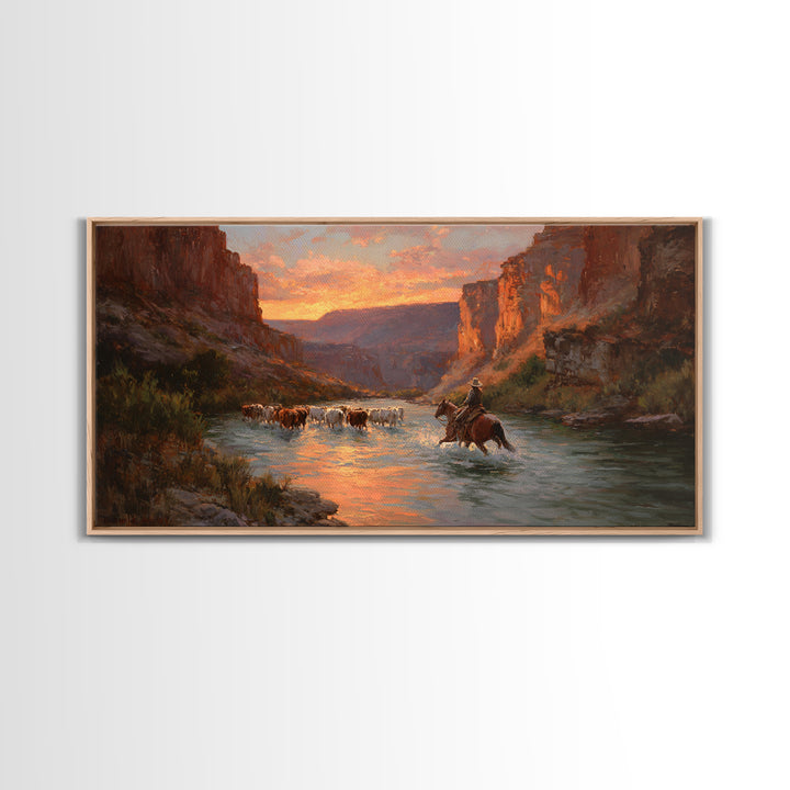 Peaceful Cowboy Herding Cattle At Sunset In Expansive Western Landscape Oil Painting Large Wall Art For Rustic Decor
