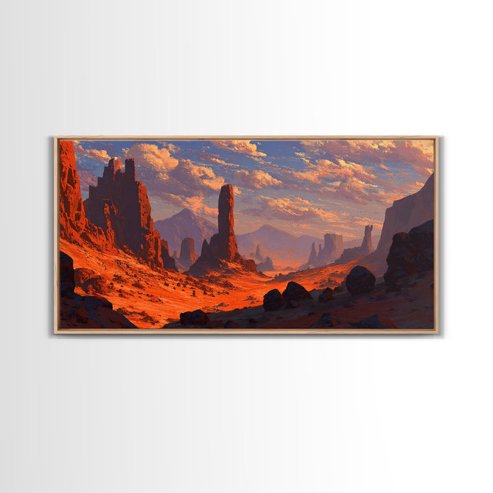 Dramatic Desert Landscape With Rocky Formations And Warm Sunset Sky Fine Art Wall Art Framed Canvas Print