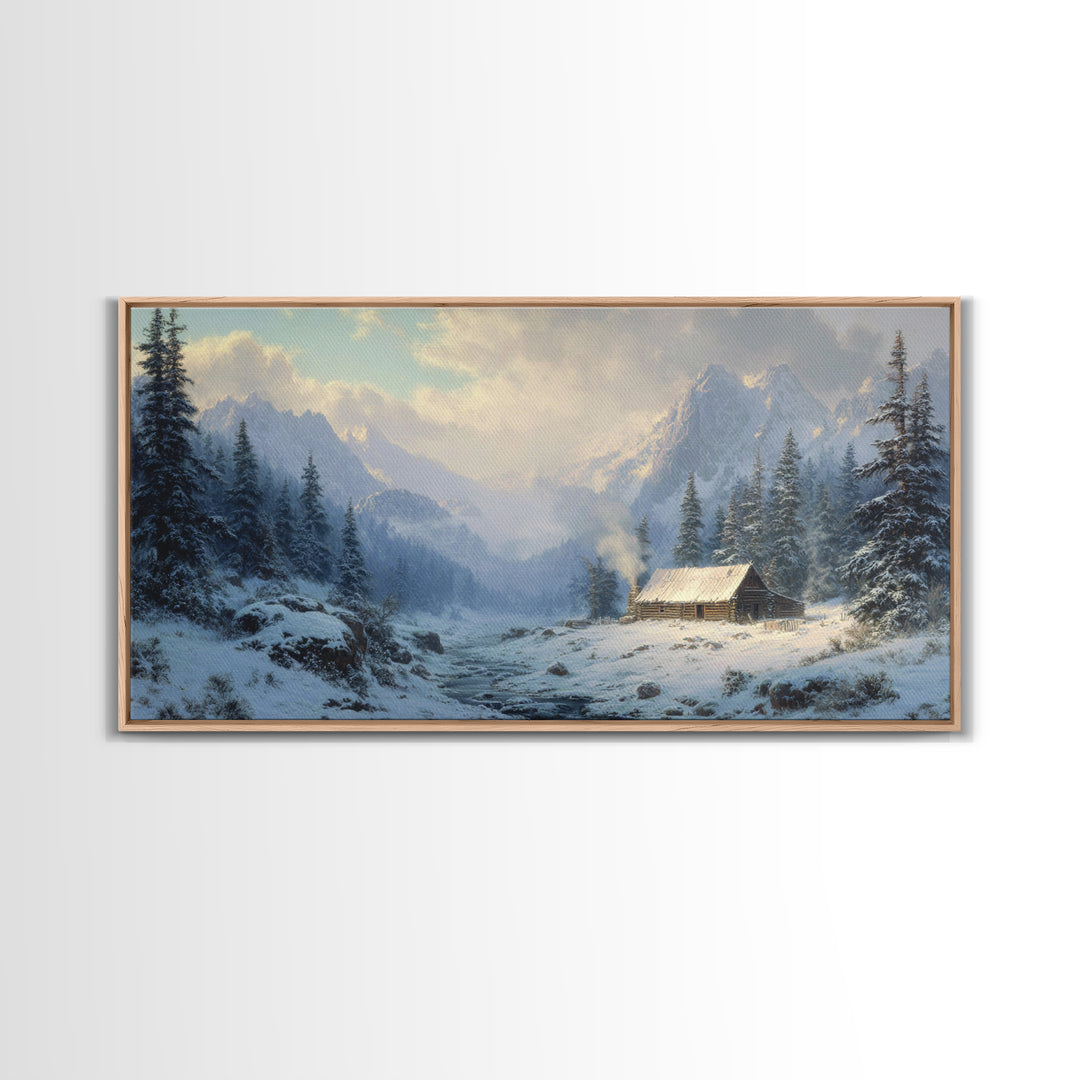 Classic Winter Cabin In Snowy Mountain Landscape Wall Art Framed Canvas Print Rustc Lodge Decor Cabin Wall Art Gift For Men
