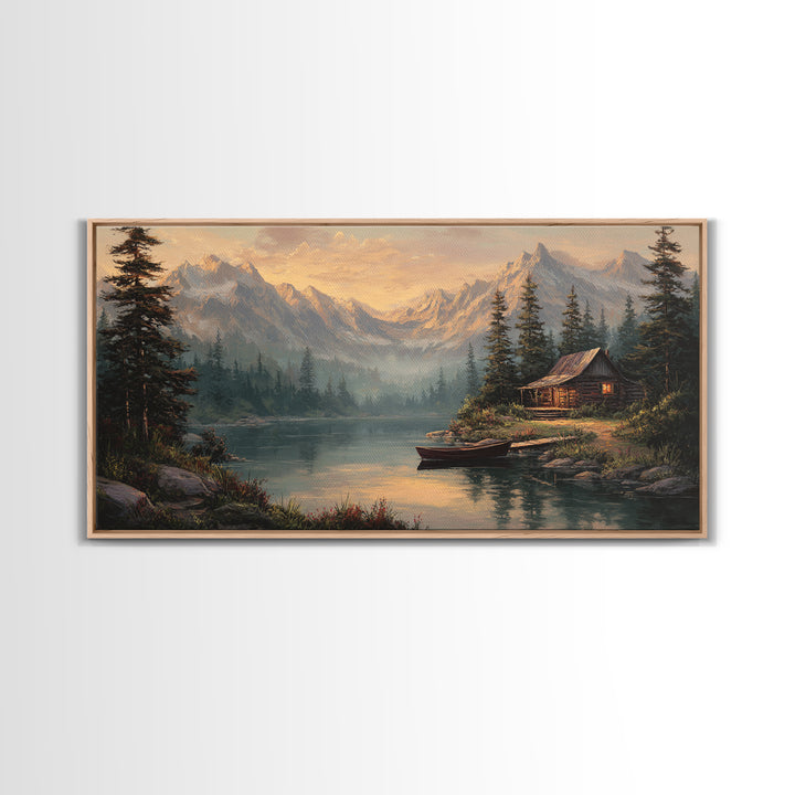 Peaceful Lake Cabin Landscape Canvas Print Quiet Rustic Wall Art Home Decor Tranquil Nature Scene