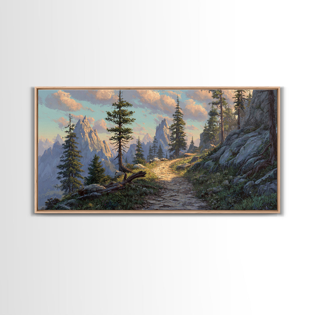 Mountain Landscape With Pine Trees And Rocky Path Scenic Nature Wall Art Framed Canvas Print For Living Room Decor